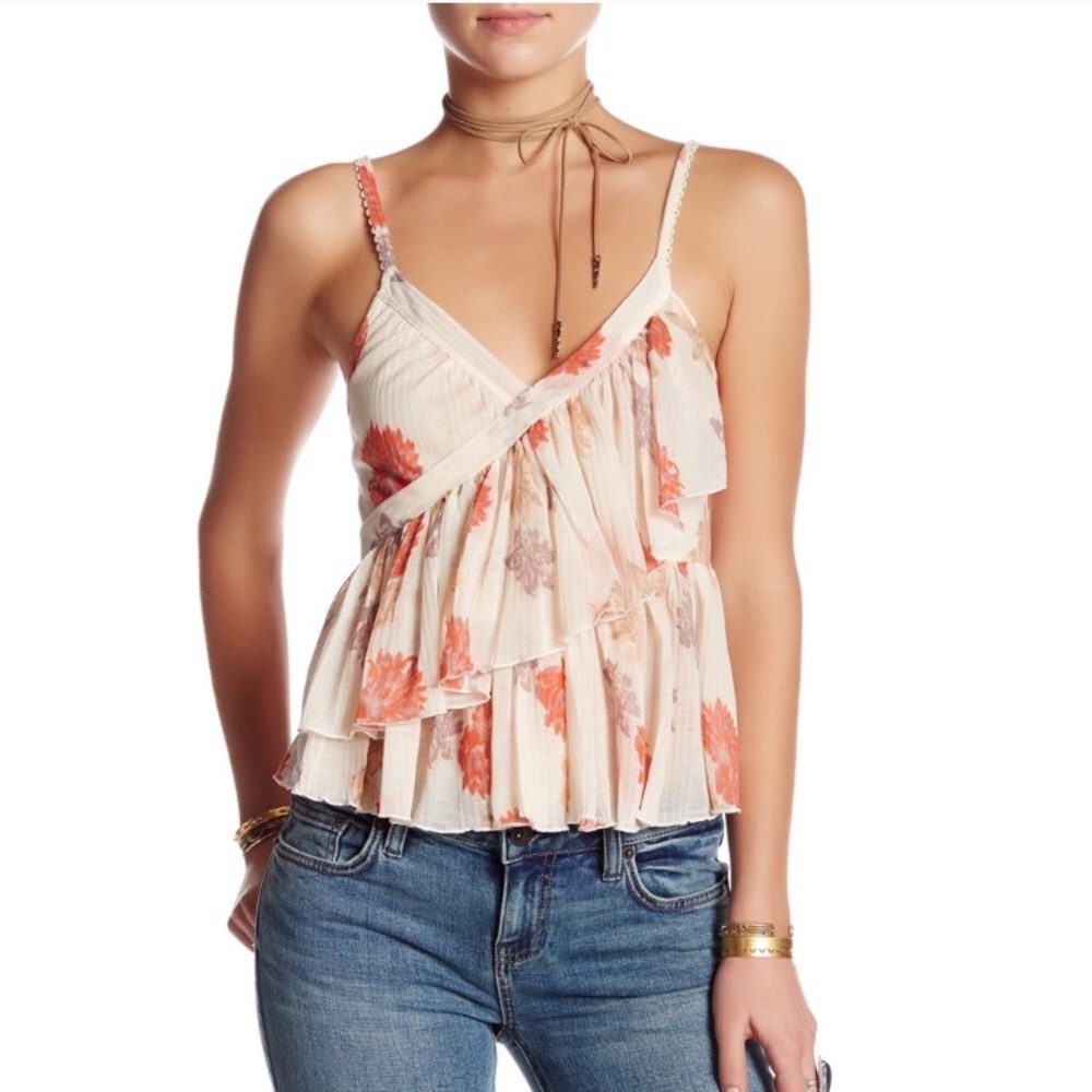 Free People floral ruffled v-neck tank XS
